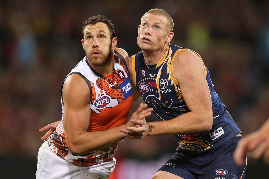 AFL 2016 Rd 10 - Adelaide v GWS Giants ADELAIDE, AUSTRALIA - MAY 28: Shane Mumford of the Giants competes with Sam Jacobs of the Crows during the 2016 AFL Round 10 match between the Adelaide Crows and the GWS Giants at Adelaide Oval on May 28, 2016 in Adelaide, Australia. (Photo by James Elsby/AFL Media)